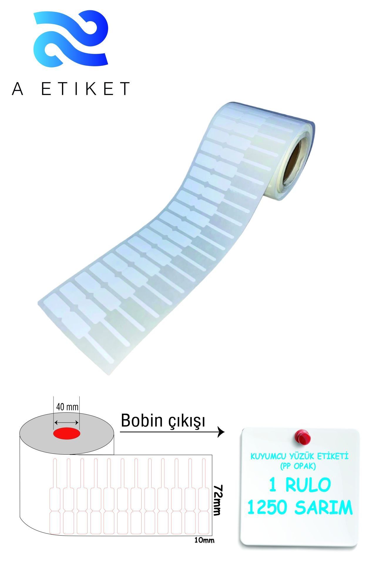 Kuyumcu Yüzük Etiketi Şeffaf Uçlu 72x10mm PP Opak 1 Rulo 1250 Sarım