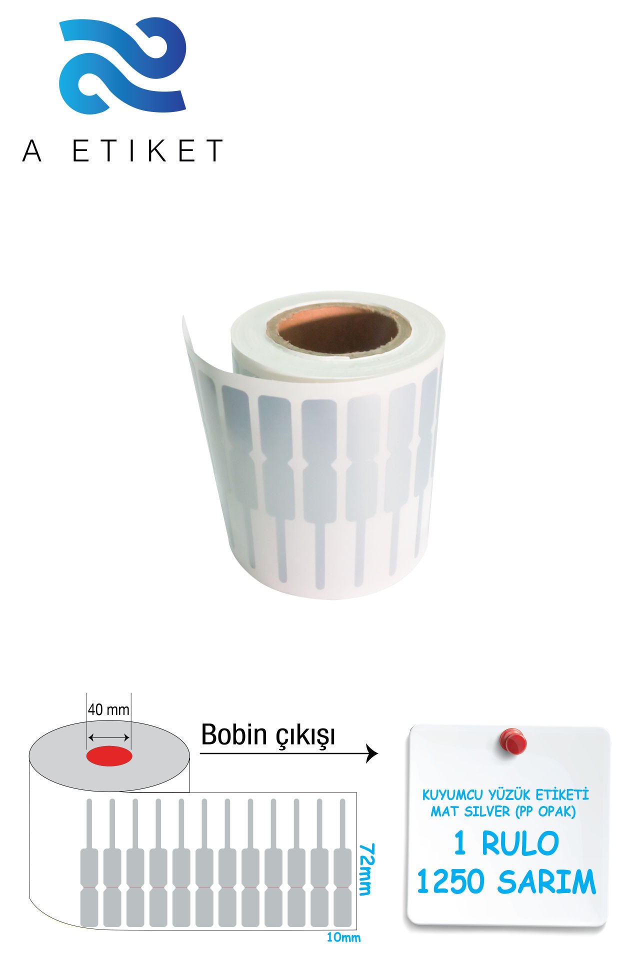 Kuyumcu Yüzük Etiketi Mat Silver 72x10mm PP Opak 1 Rulo 1250 Sarım